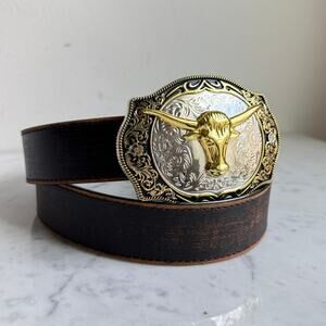 Longhorn Western Buckle Italian Vera Pelle Leather Belt  XL 39-42